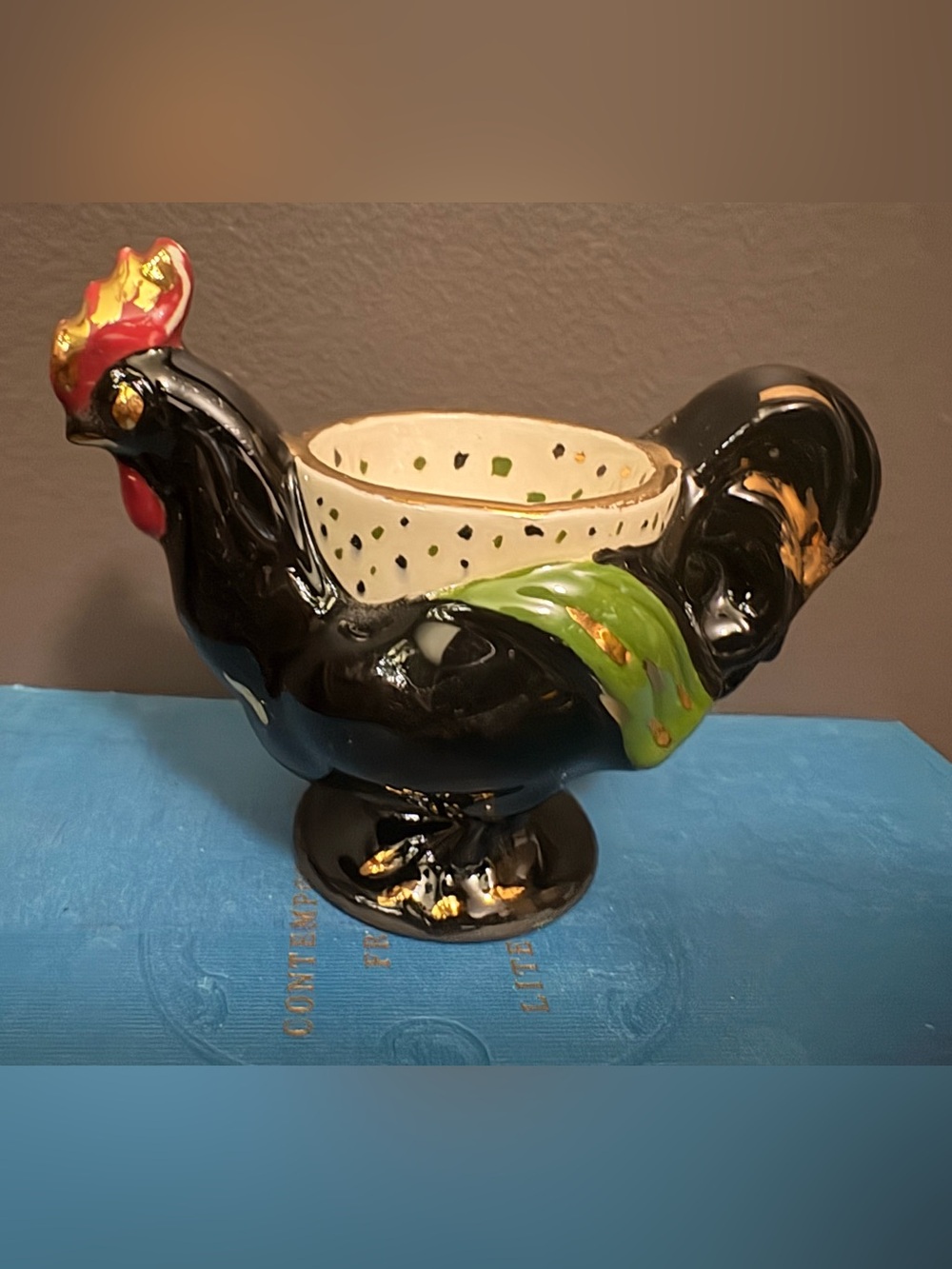 Hand-Painted Black Rooster Ceramic Planter with Green Accent